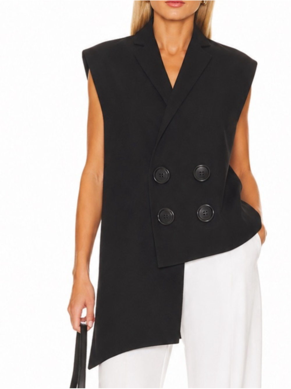 FRACTAL Asymmetrical Double Breasted Sleeveless Blazer Vest Black open side